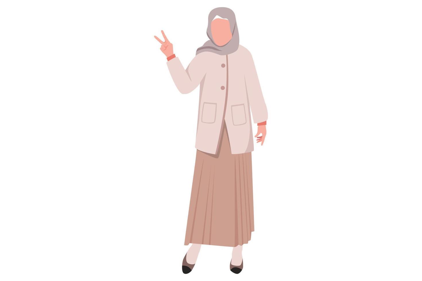 Business design drawing young Arabian businesswoman showing peace gesture with finger. Female character with victory sign. Expression of feelings and emotions. Flat cartoon style vector illustration