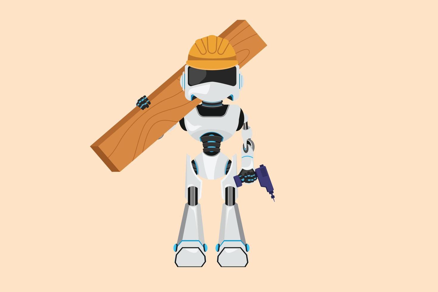 Business design drawing robot timber frame house construction worker. Repairman standing with board, tool box, and drill. Future technology. Artificial intelligence. Flat cartoon vector illustration