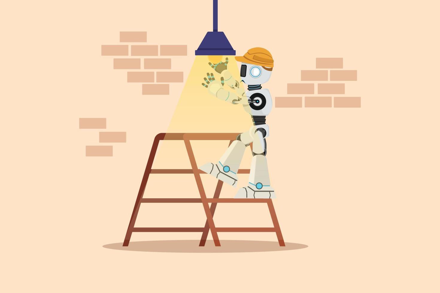 Business design drawing robot electrician standing on ladder change light bulb. Electricity reparation. Future technology development. Artificial intelligence. Flat cartoon style vector illustration