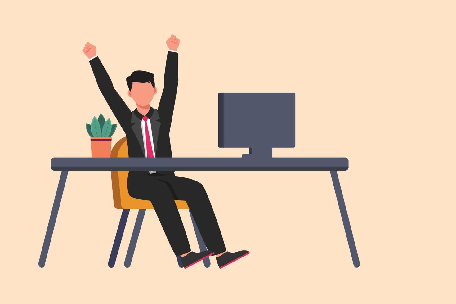 Business flat drawing happy businessman sitting with raised hands near table and computer. Office worker celebrates salary increase. Success business achievement. Cartoon design vector illustration