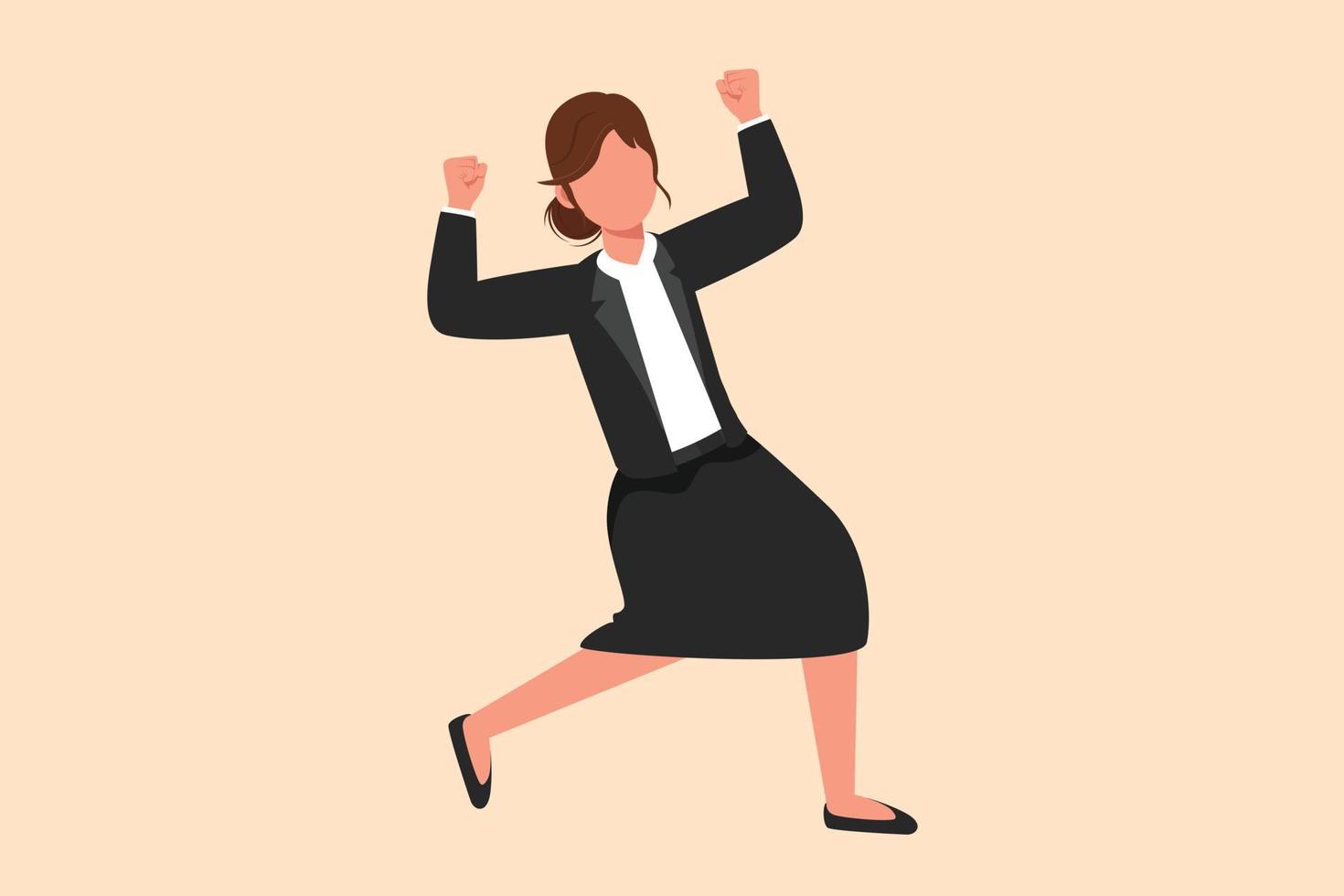 Business flat drawing happy businesswoman standing with raised her clenched fist hands. Female manager celebrating success of increasing company's product sales. Cartoon design vector illustration