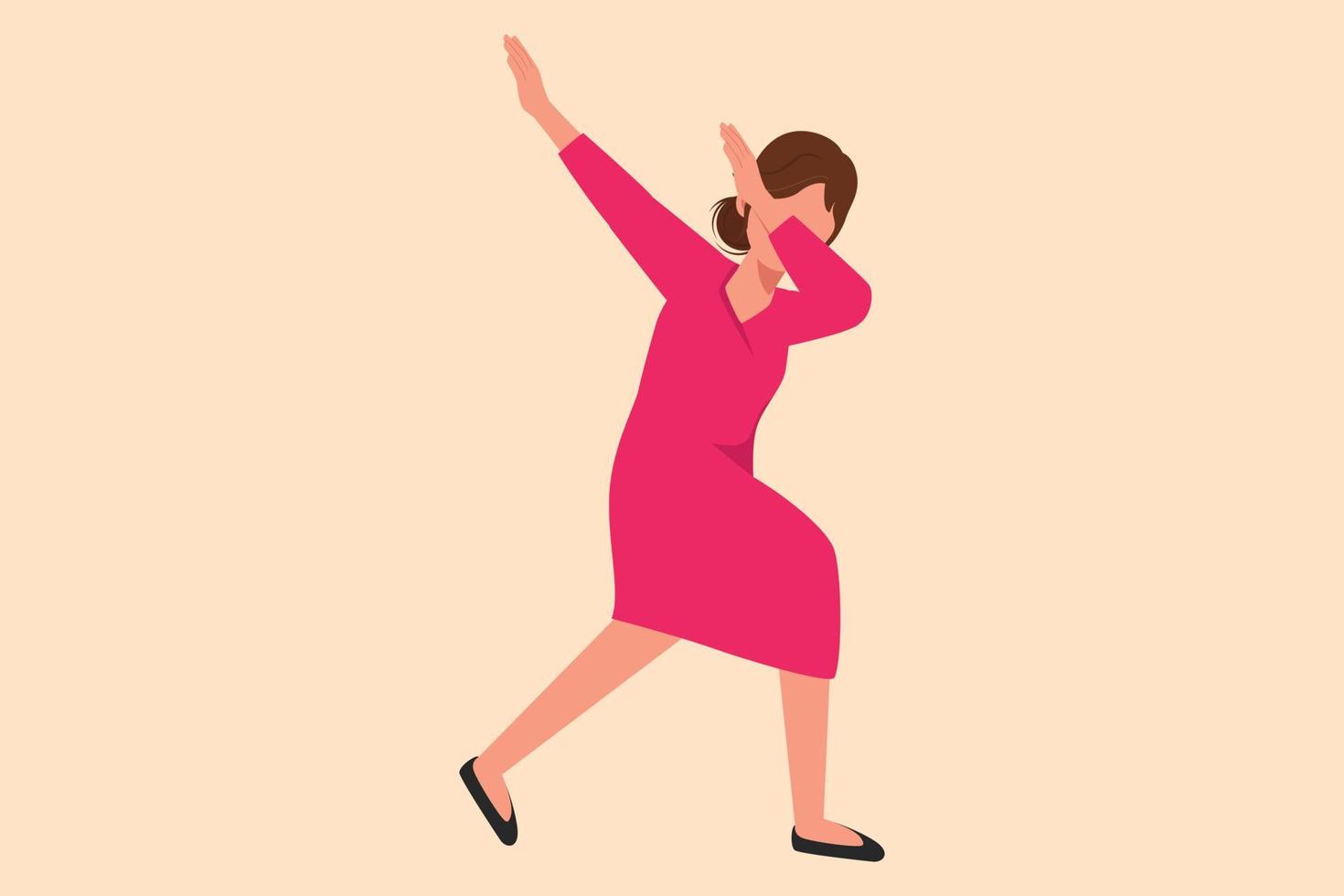 Business flat cartoon style drawing happy businesswoman standing with crossing arms and look down. Successful office worker celebrates salary increase from company. Graphic design vector illustration