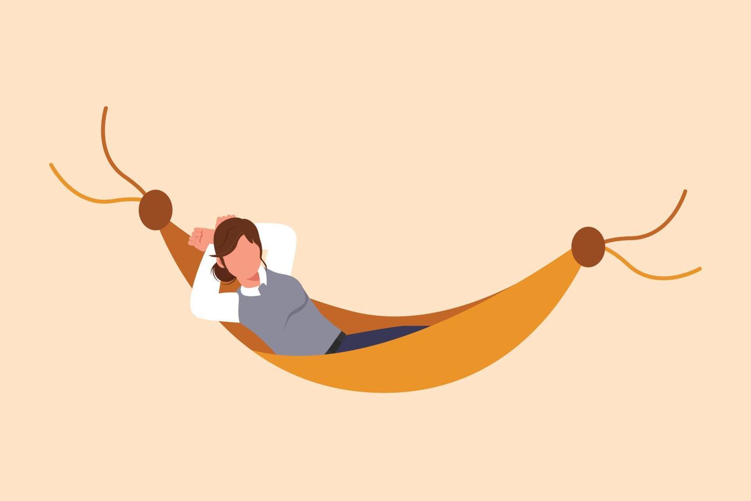 Business design drawing relaxed businesswoman lying in hammock and dreaming about big money. Comfort, vacation, resting, recreation. Achieve financial freedom. Flat cartoon style vector illustration