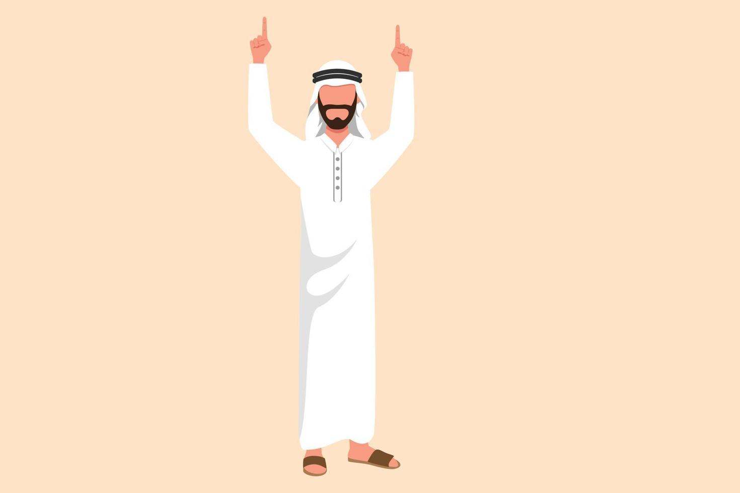 Business design drawing happy Arab businessman standing with pointing index fingers up. Worker celebrates salary increase from company. Success business goals. Flat cartoon style vector illustration