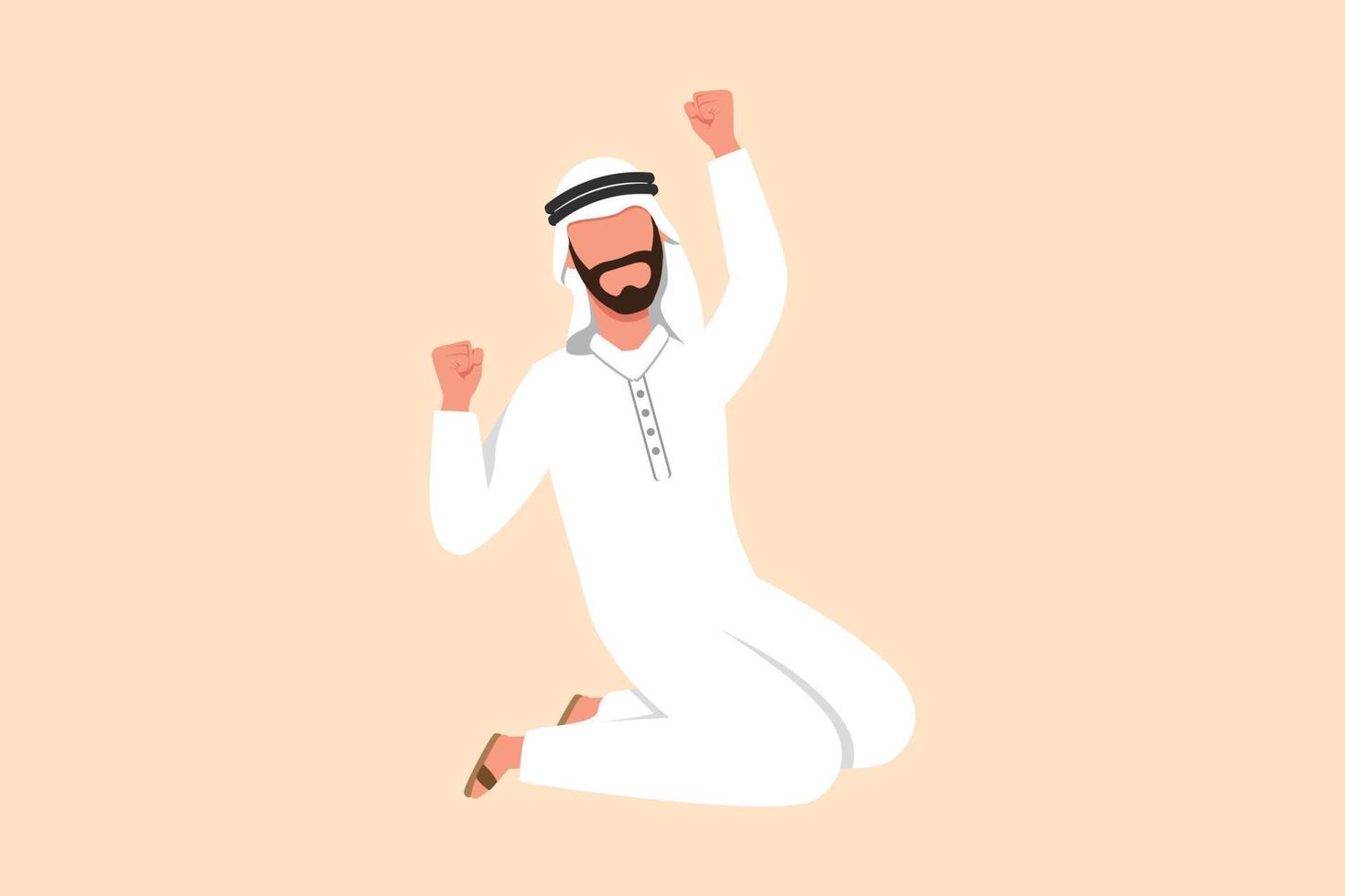 dibujo de estilo de dibujos animados planos de negocios feliz hombre de negocios árabe arrodillado con una mano levantada y la otra levantada. el gerente masculino celebra el éxito empresarial. ilustración vectorial de diseño gráfico vector