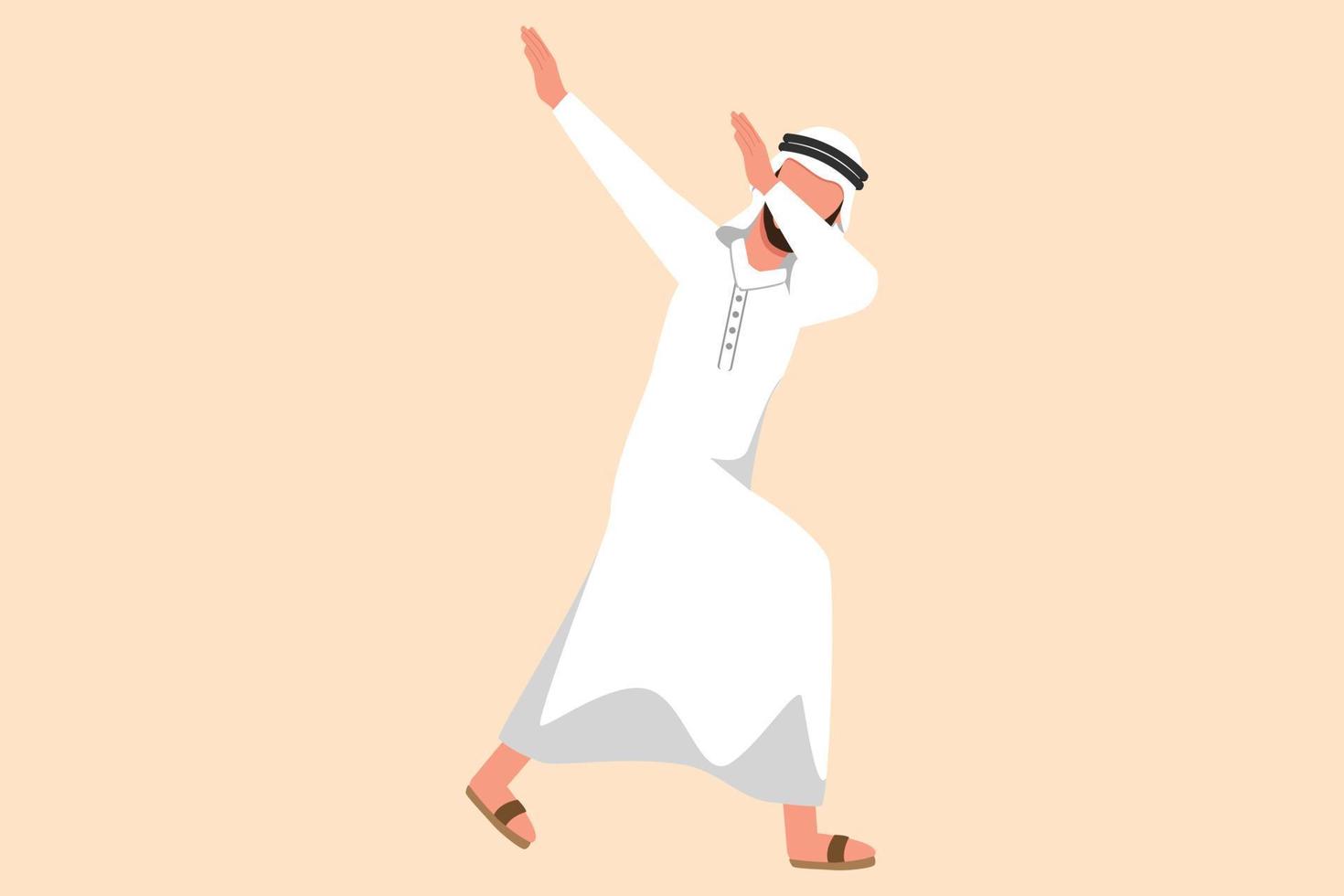 Business flat cartoon style drawing happy Arab businessman standing with crossing arms and look down. Success office worker celebrates salary increase from company. Graphic design vector illustration
