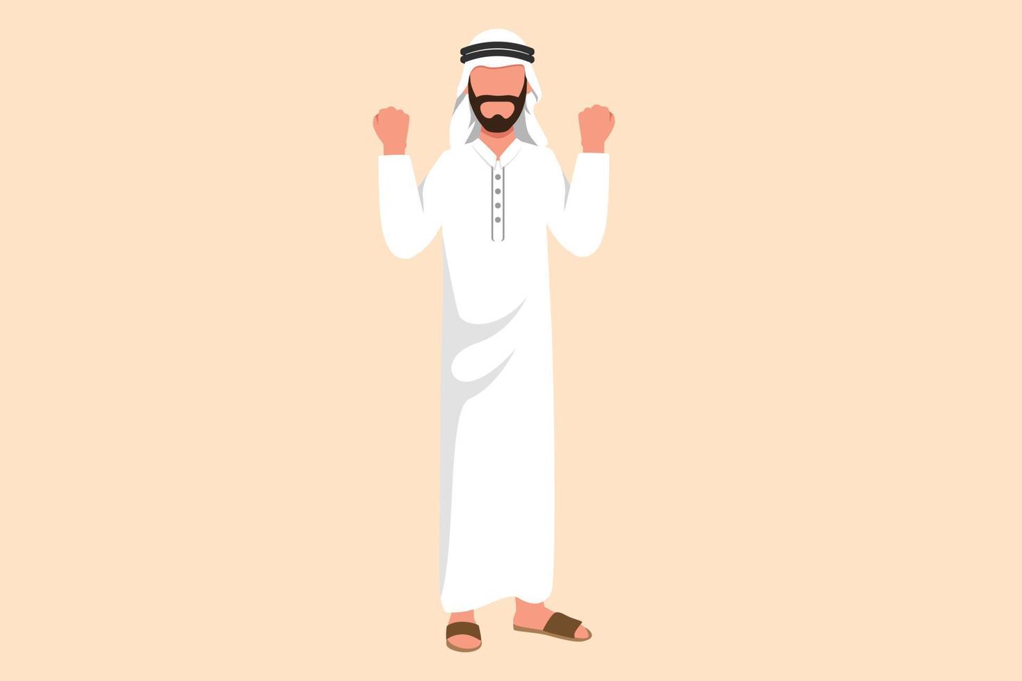 Business flat drawing happy Arab businessman standing with both hands and yes gesture. Office worker celebrate success achievement of company business project goals. Cartoon design vector illustration