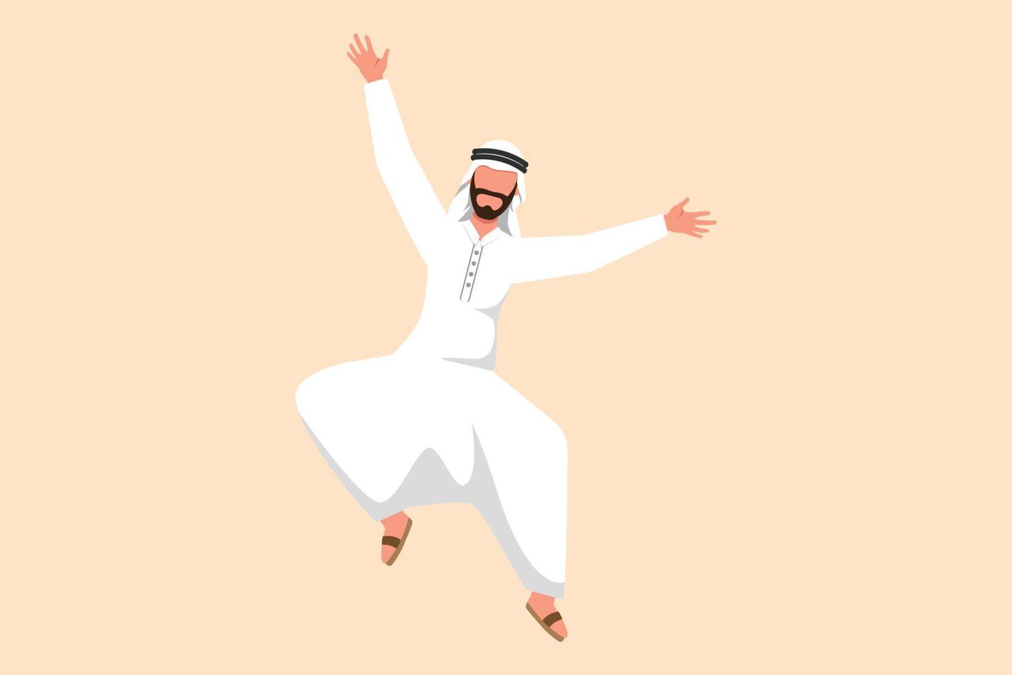 Business flat cartoon style drawing happy Arab businessman jump with both hands raised. Salesman celebrates salary increase and benefits. Success business project. Graphic design vector illustration