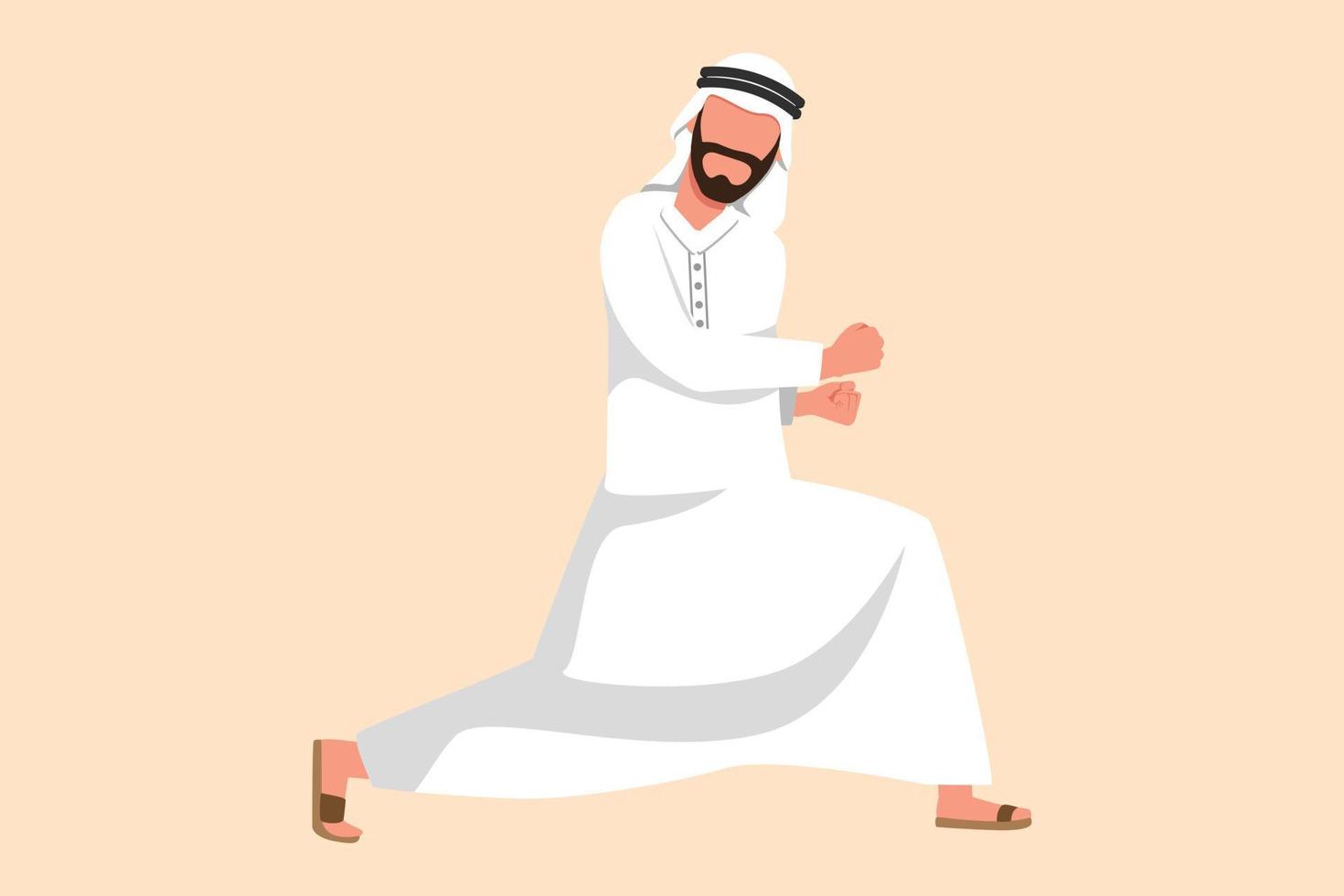 Business design drawing happy Arabian businessman bow with yes gesture. Office worker celebrate success of company project. Successful victory achievement goals. Flat cartoon style vector illustration