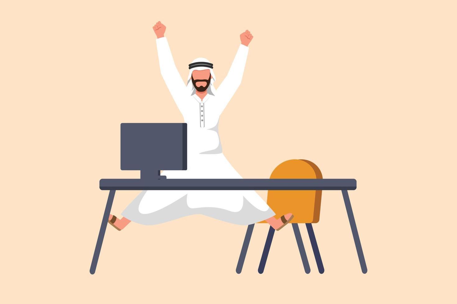 Business flat drawing happy Arab businessman jumping with raised hands near desk workplace. Manager celebrating success of increasing company goals or product sales. Cartoon design vector illustration