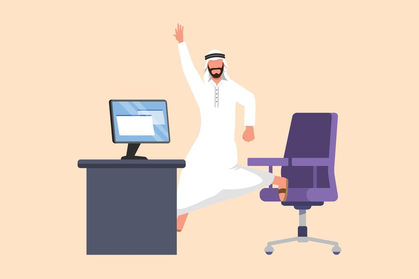 Business design drawing happy Arab businessman jumping and dancing near desk workplace. Male manager celebrating success of increasing company's product sales. Flat cartoon style vector illustration