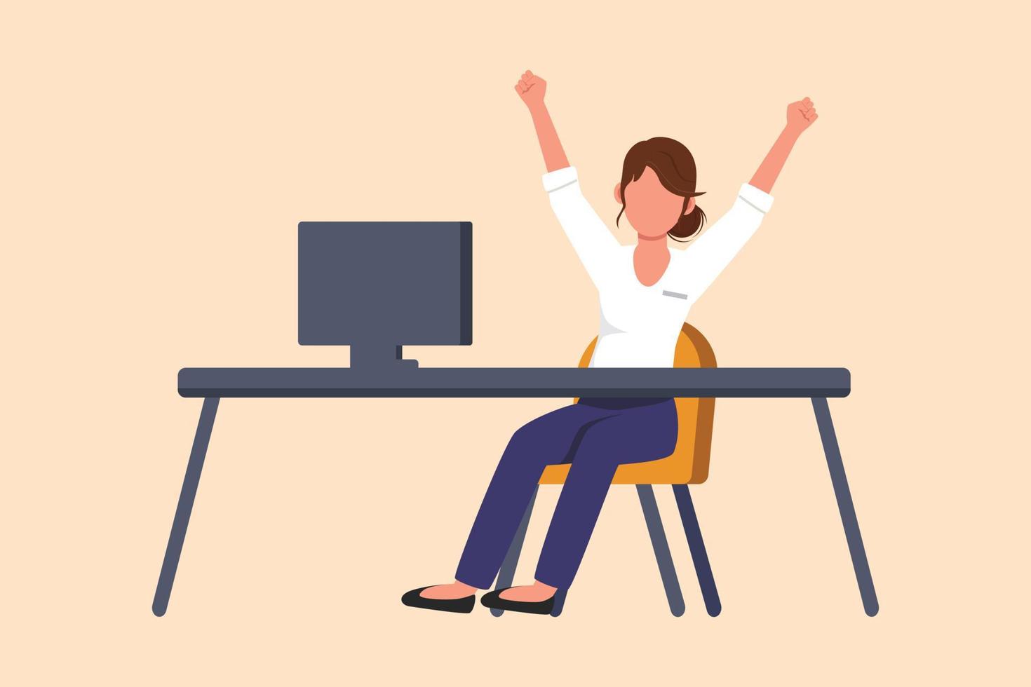 Business flat drawing happy businesswoman sitting with raised hands near desk with computer in her workplace. Office worker celebrate success of company project. Cartoon design vector illustration