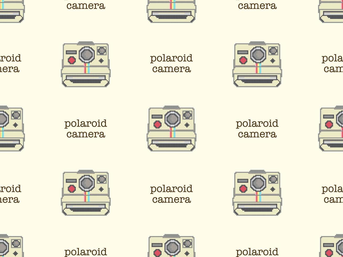 Polaroid camera cartoon character seamless pattern on yellow background.  Pixel style vector