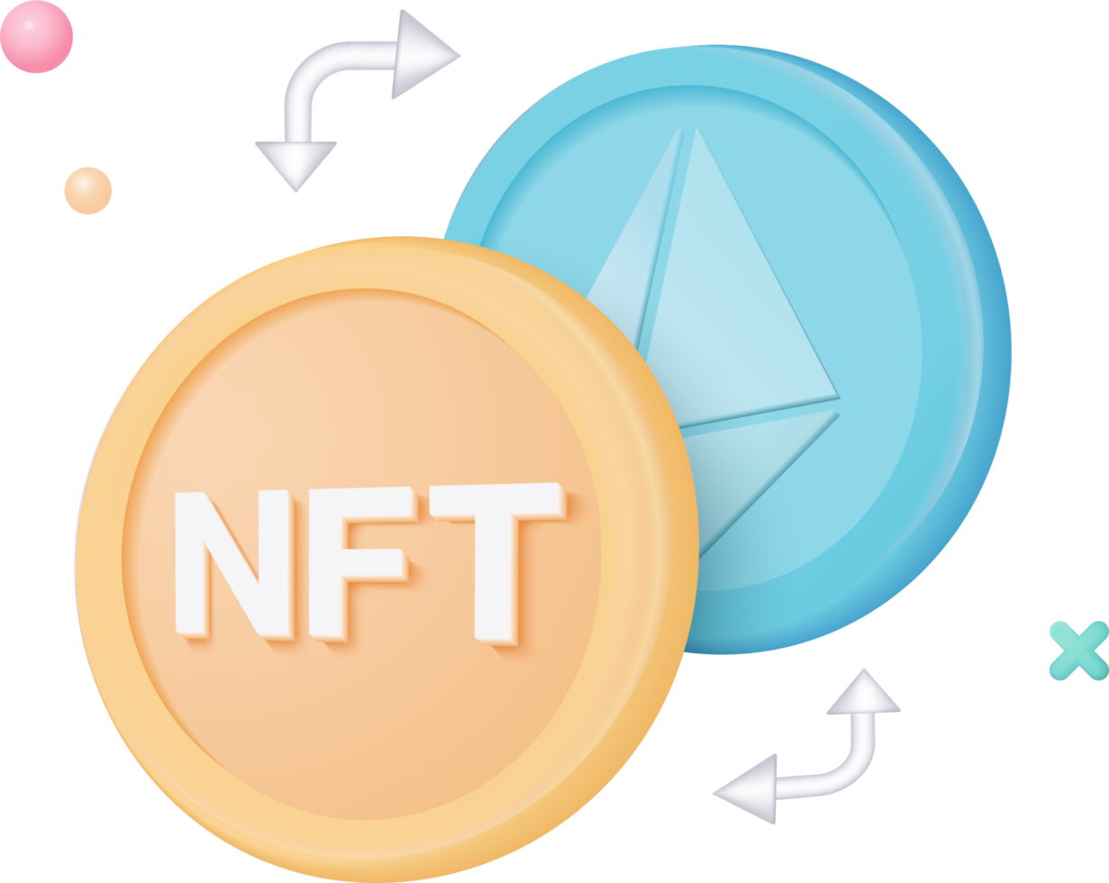 concept de transfert d'argent crypto-monnaie nft 3d par technologie blockchain, arrière-plan futuriste. bundles cash et échange de pièces flottantes sur fond bleu. concept de société sans numéraire en rendu 3d png