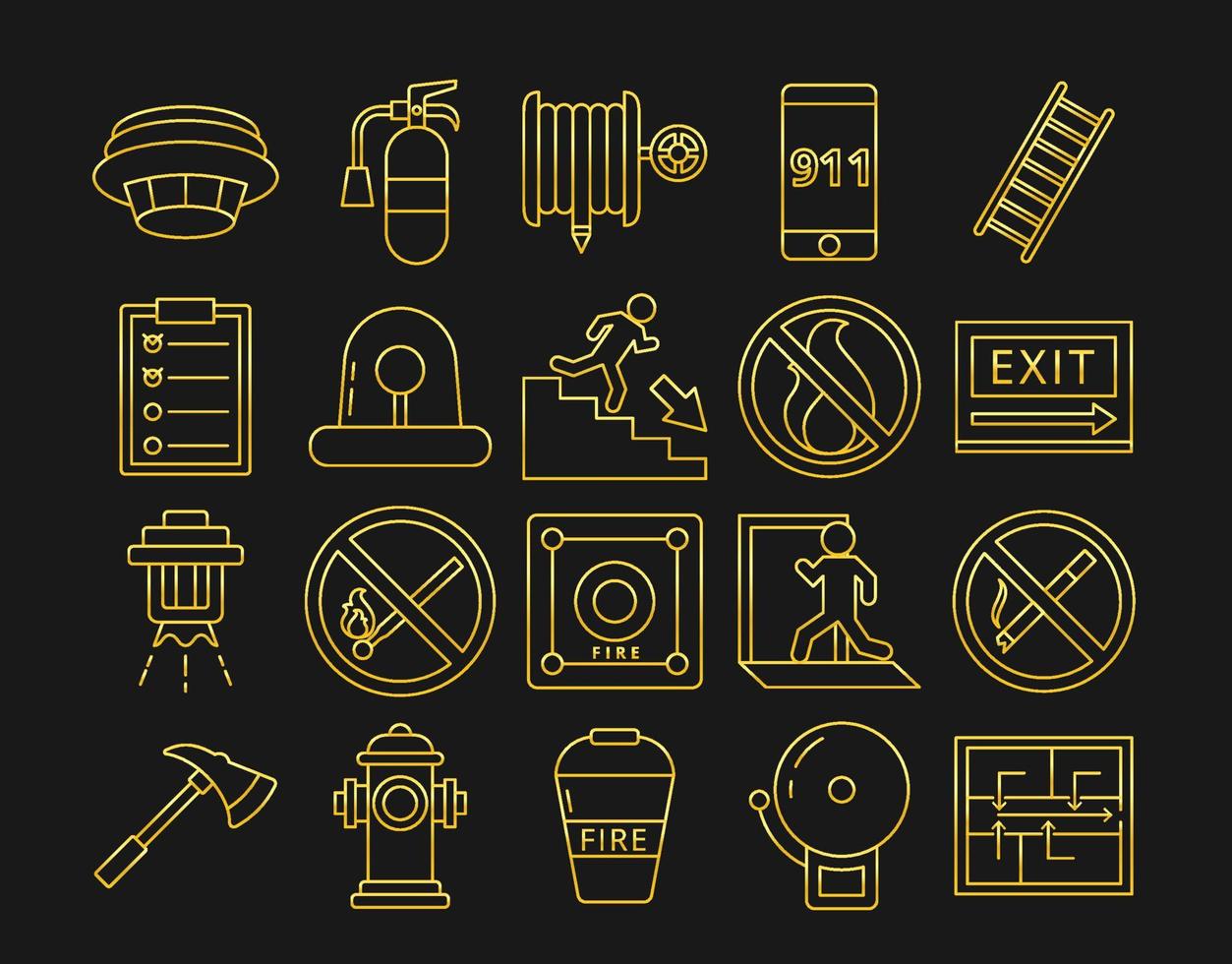 set of gold fire safety icons vector
