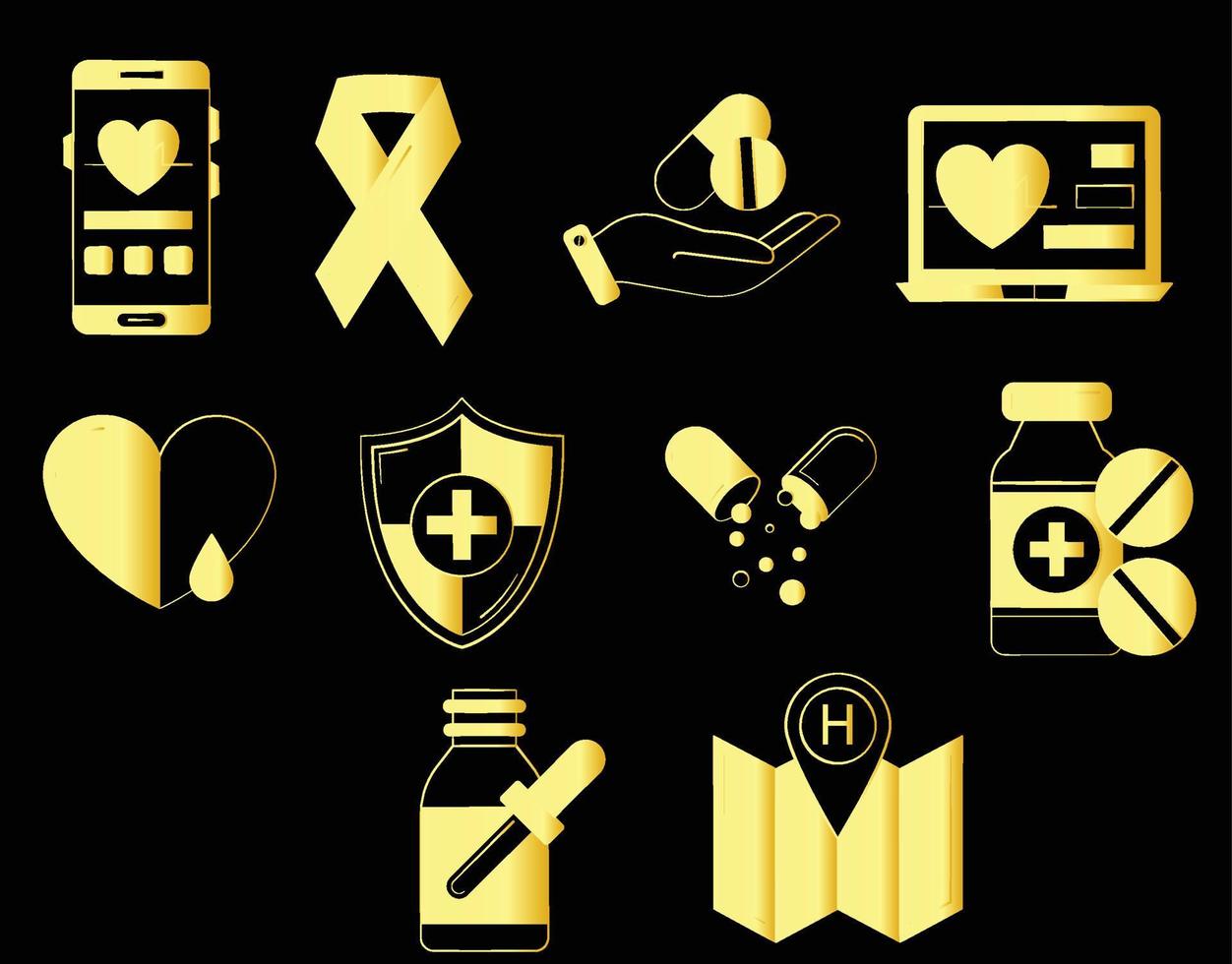 Gold medicine icons isolated on black background vector