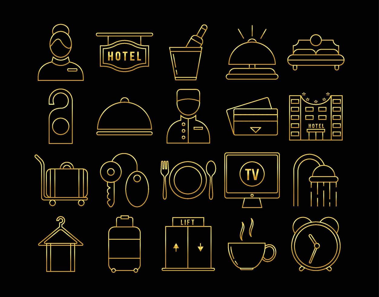 set of gold hotel icons vector