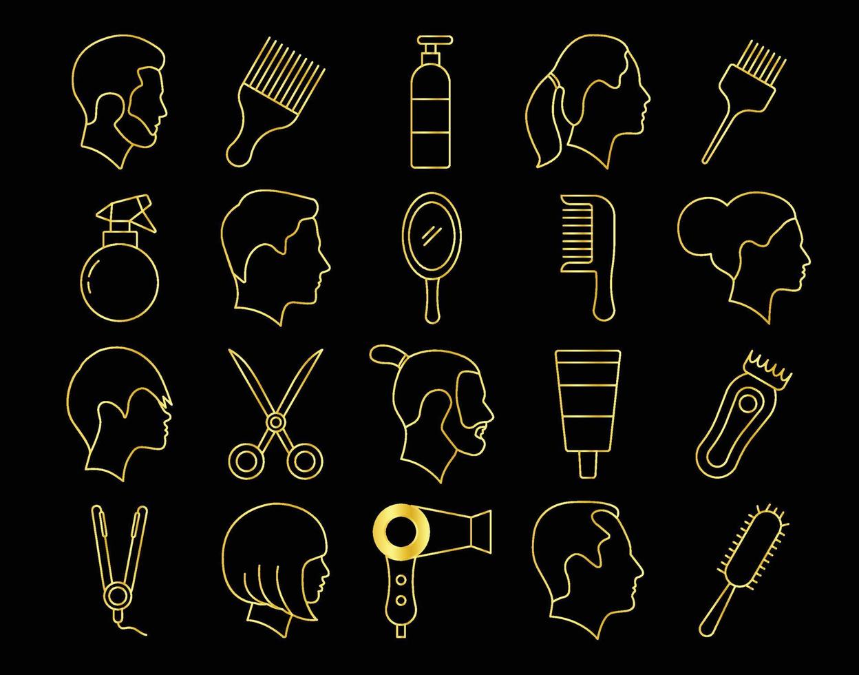 set of gold hairdresser icons vector
