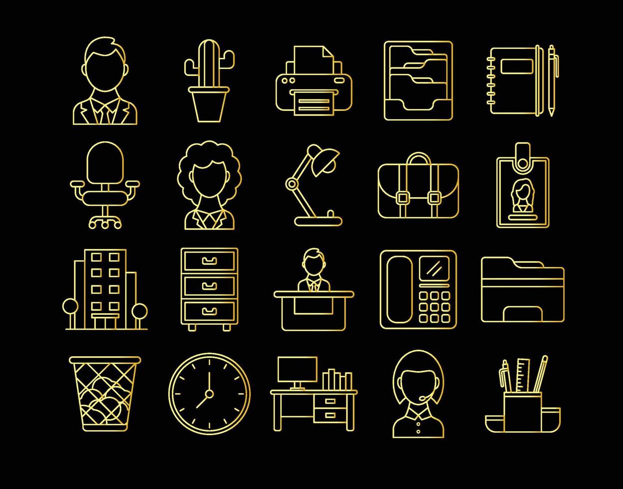 Set of gold office icons vector