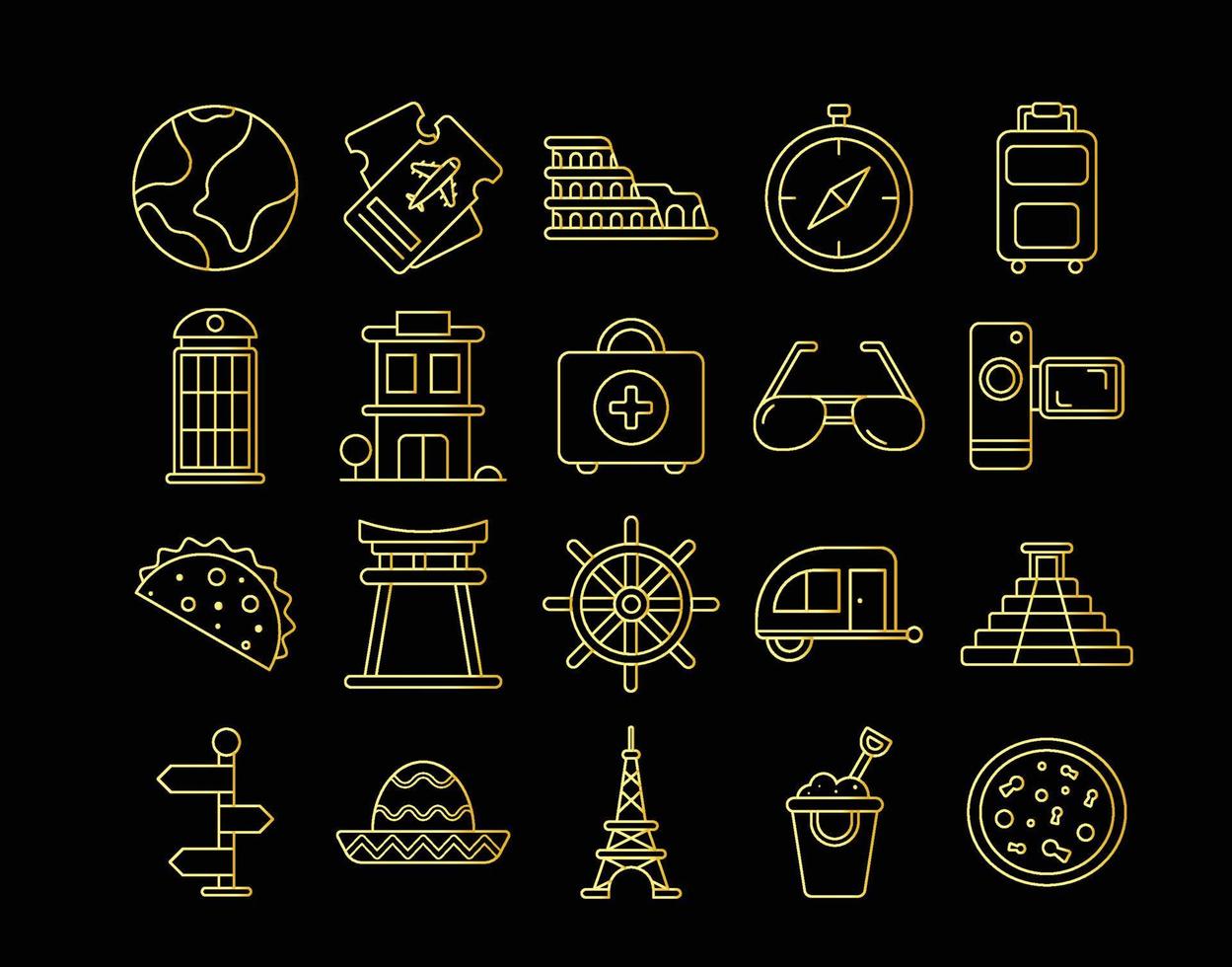 conjunto de iconos de investigación de viajes de oro vector