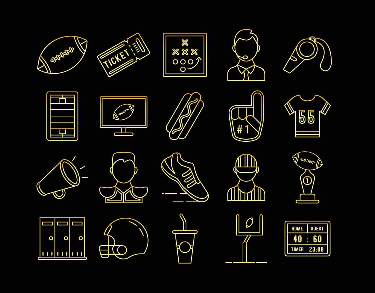 Gold american football icons Isolated on Black Background vector