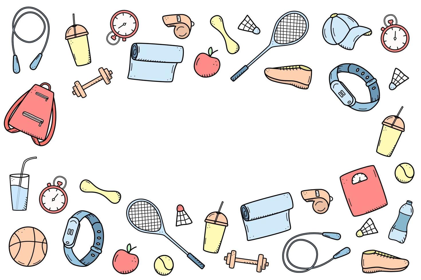 Sports doodle icon set concept. Design elements of a sports invert, a healthy lifestyle Vector illustration