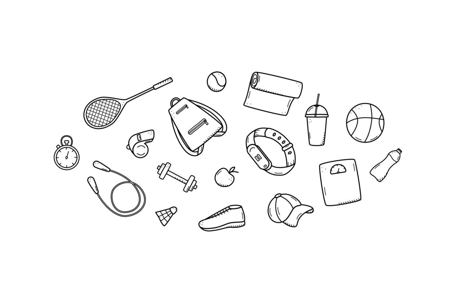 Sports doodle icon set concept. Design elements of a sports invert, a healthy lifestyle Vector illustration