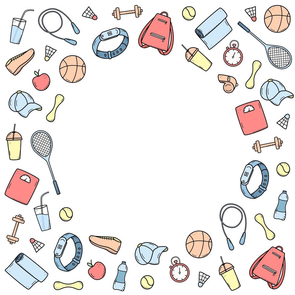 Sports doodle icon set concept. Design elements of a sports invert, a healthy lifestyle Vector illustration