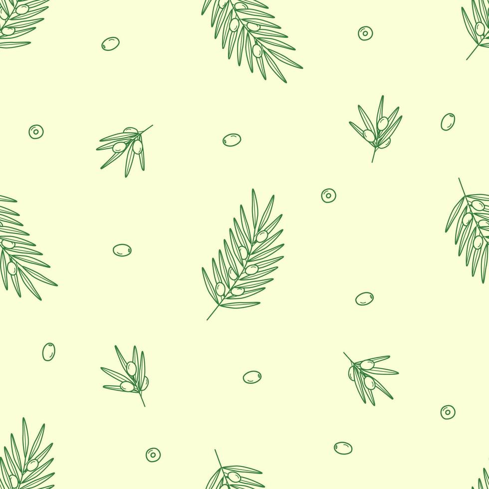 Seamless pattern of olive tree twigs and leaves and olive berries. Vector illustration, background or wallpaper