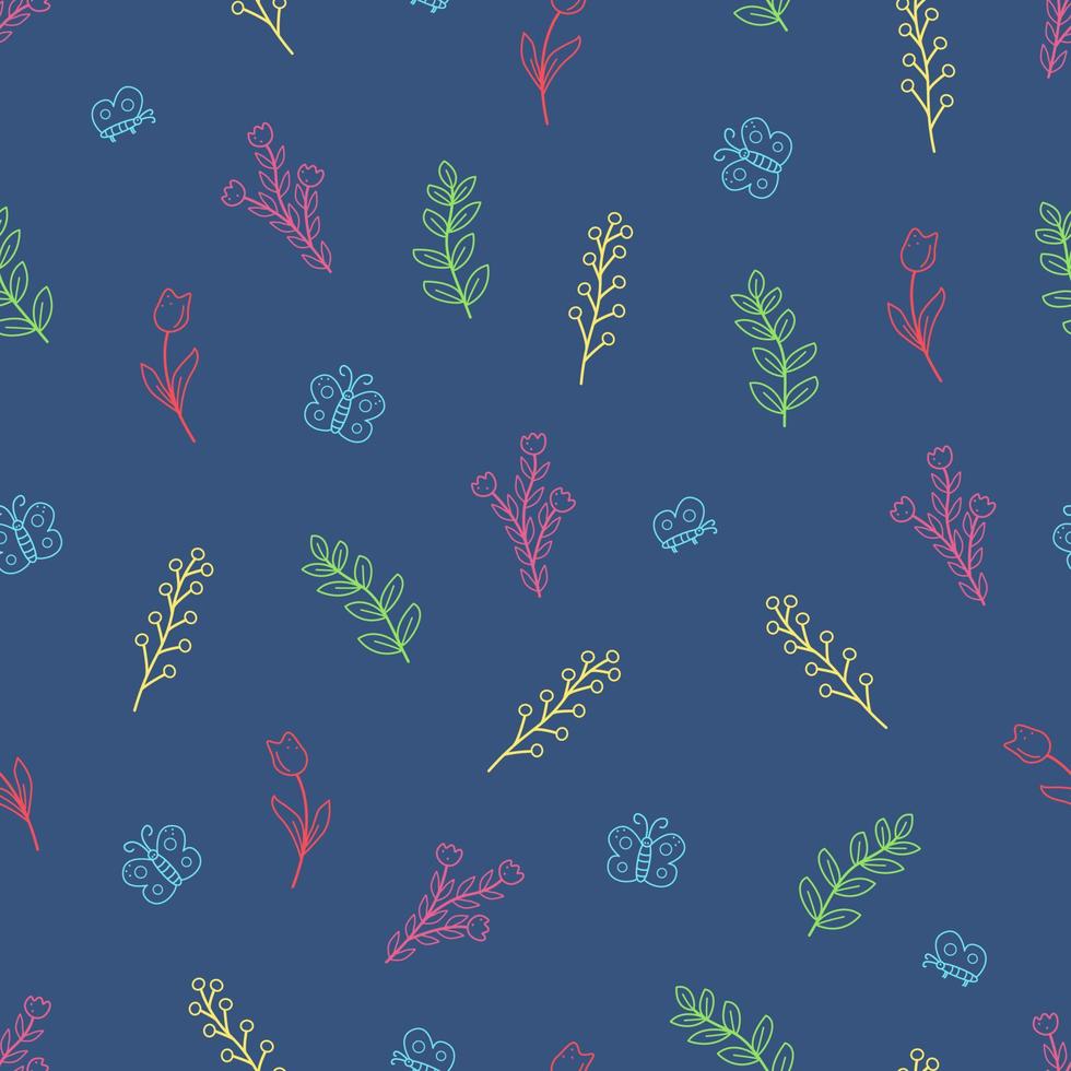 Seamless pattern field plants, meadow grass and flowers tulips poppies. Vector doodle illustration