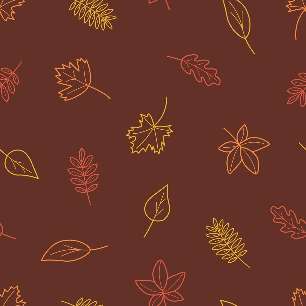 Vector seamless pattern with autumn outline leaves of different trees