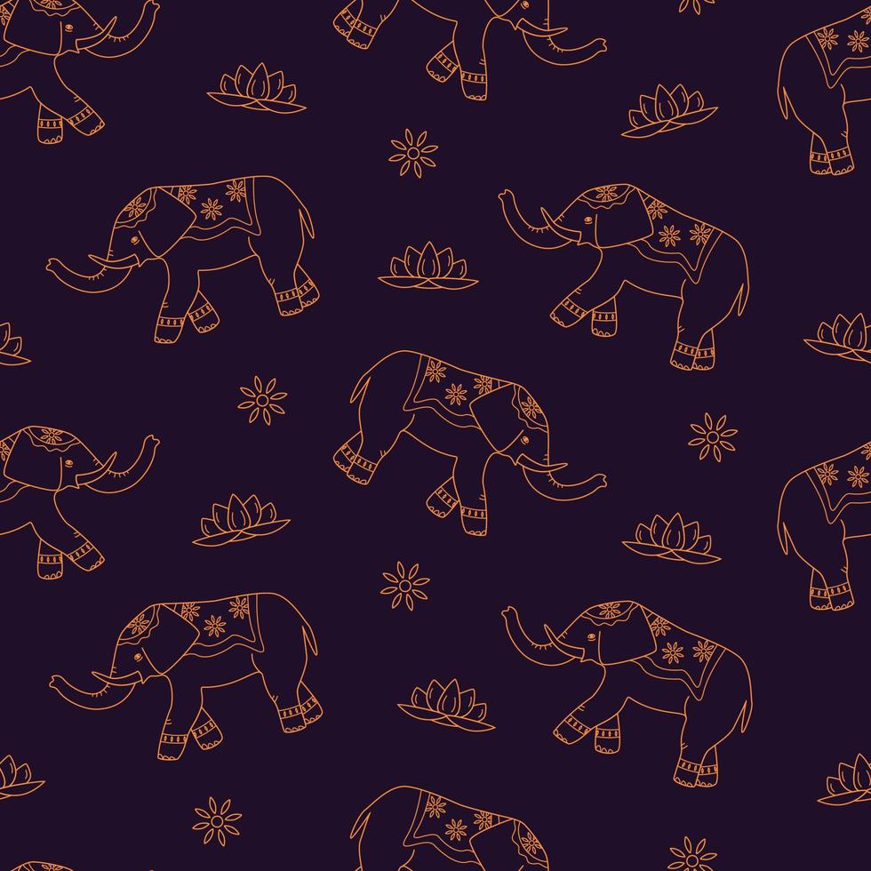 Seamless pattern of decorated elephant, lotus and flower patterns. The concept of Indian culture. Cute cartoon background vector