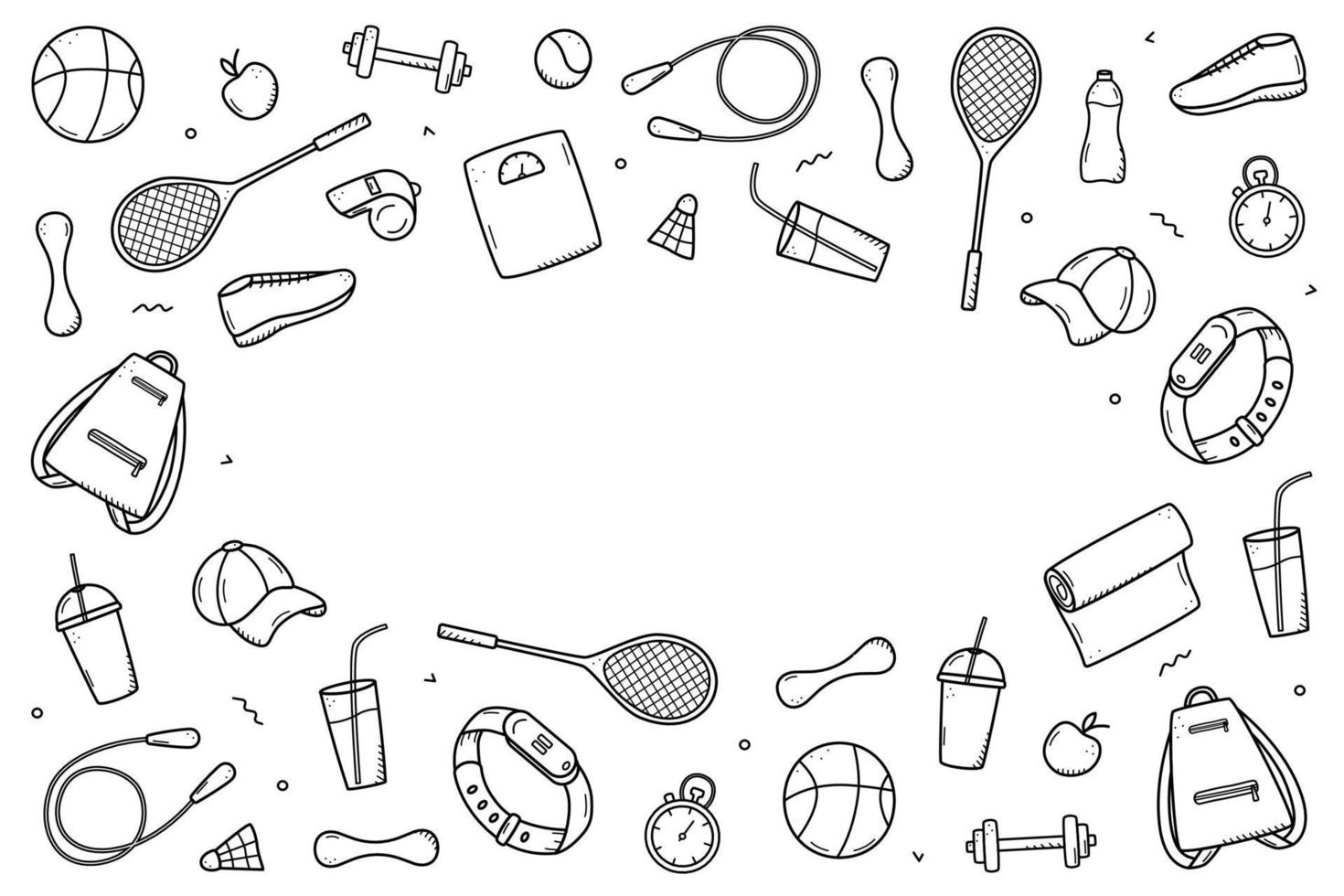 Sports doodle icon set concept. Design elements of a sports invert, a healthy lifestyle Vector illustration