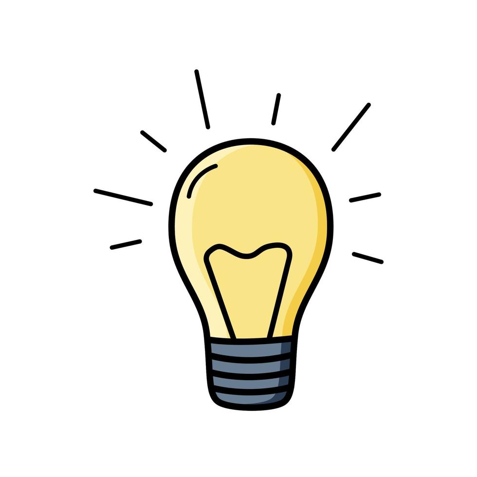 bombilla eléctrica, el concepto de una idea, pensamiento o solución. ilustración vectorial de la iluminación de la lámpara de garabato. vector