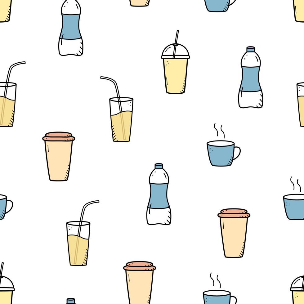 Seamless pattern of hot and cold drinks. Vector illustration background of water, coffee, juice, smoothies