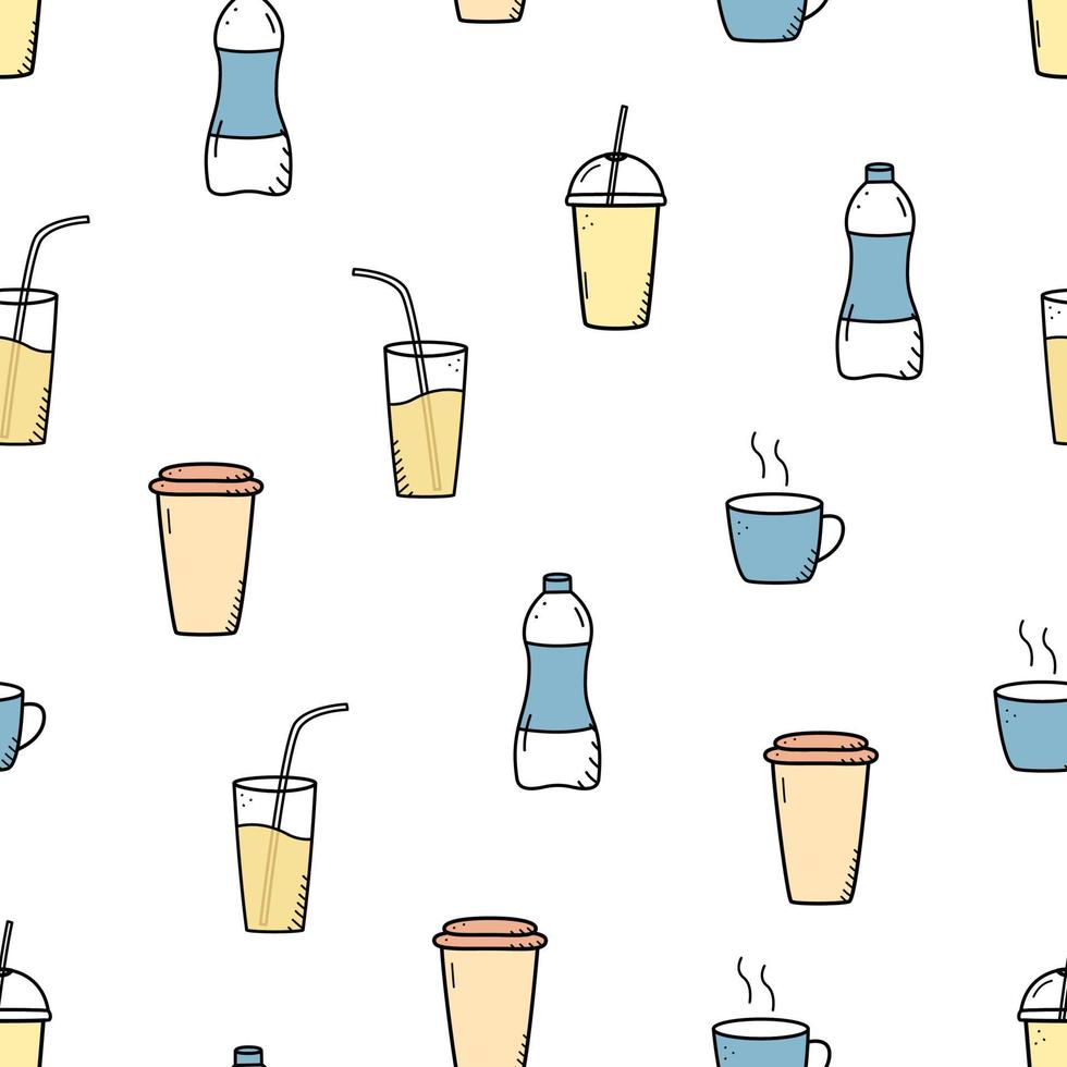 patrón sin costuras de bebidas frías y calientes. fondo de ilustración vectorial de agua, café, jugo, batidos vector