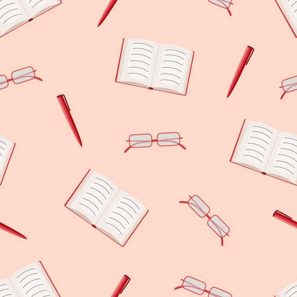 Glasses book and pen, seamless pattern, vector illustration education, office, business