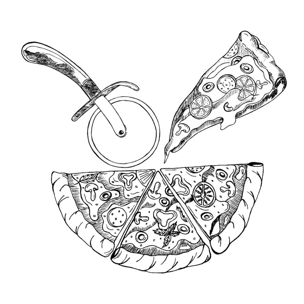 Sketch vector illustration of Italian pizza. Italian cuisine. A hand-drawn sketch of a pizza with a roller knife. Packaging design.