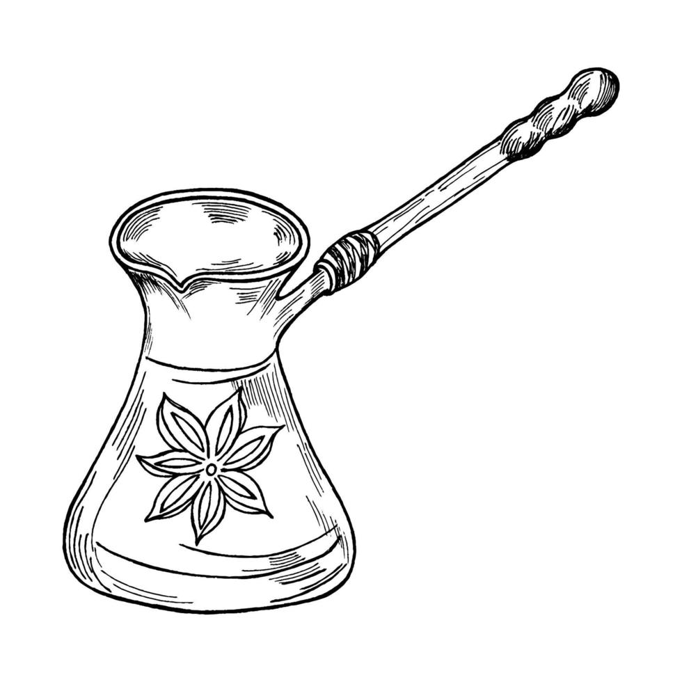 Turkish coffee maker , illustration of ink drawing in the style of gravure printing with a drawing, handwritten inscription. vector