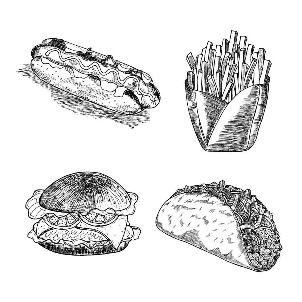 Vector set of fast food. Vector illustration in sketch style.