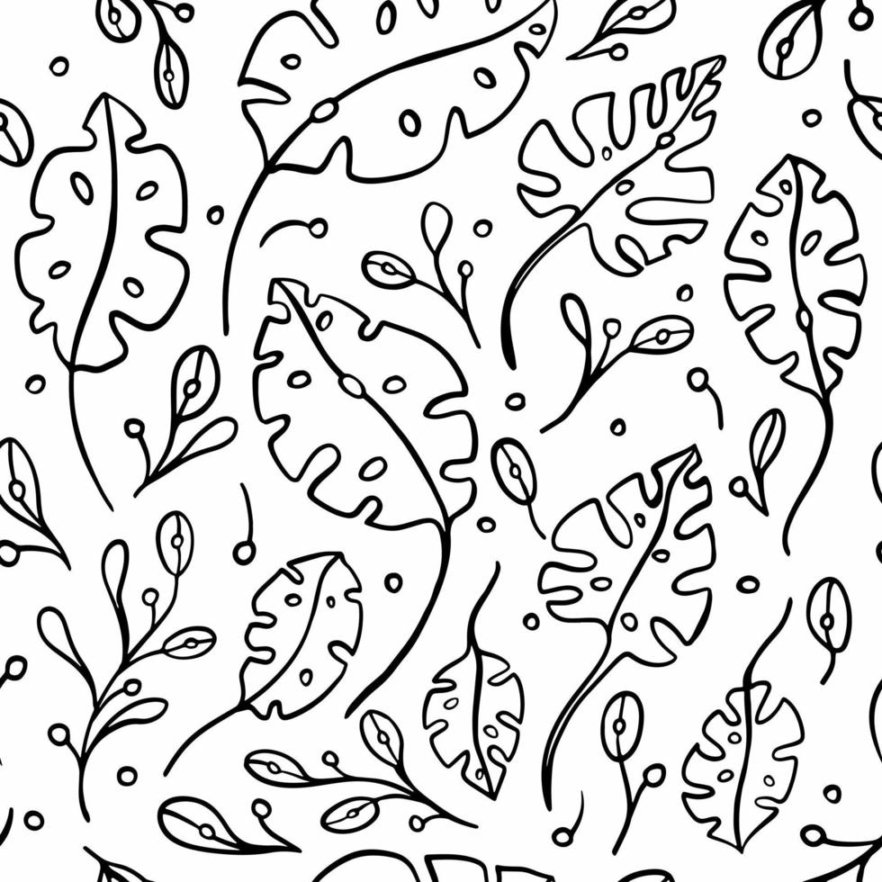 hojas patrón monocromo de fondo. contorno tropical deja ilustración de vector de diseño de patrón sin costuras para impresión textil, papel tapiz