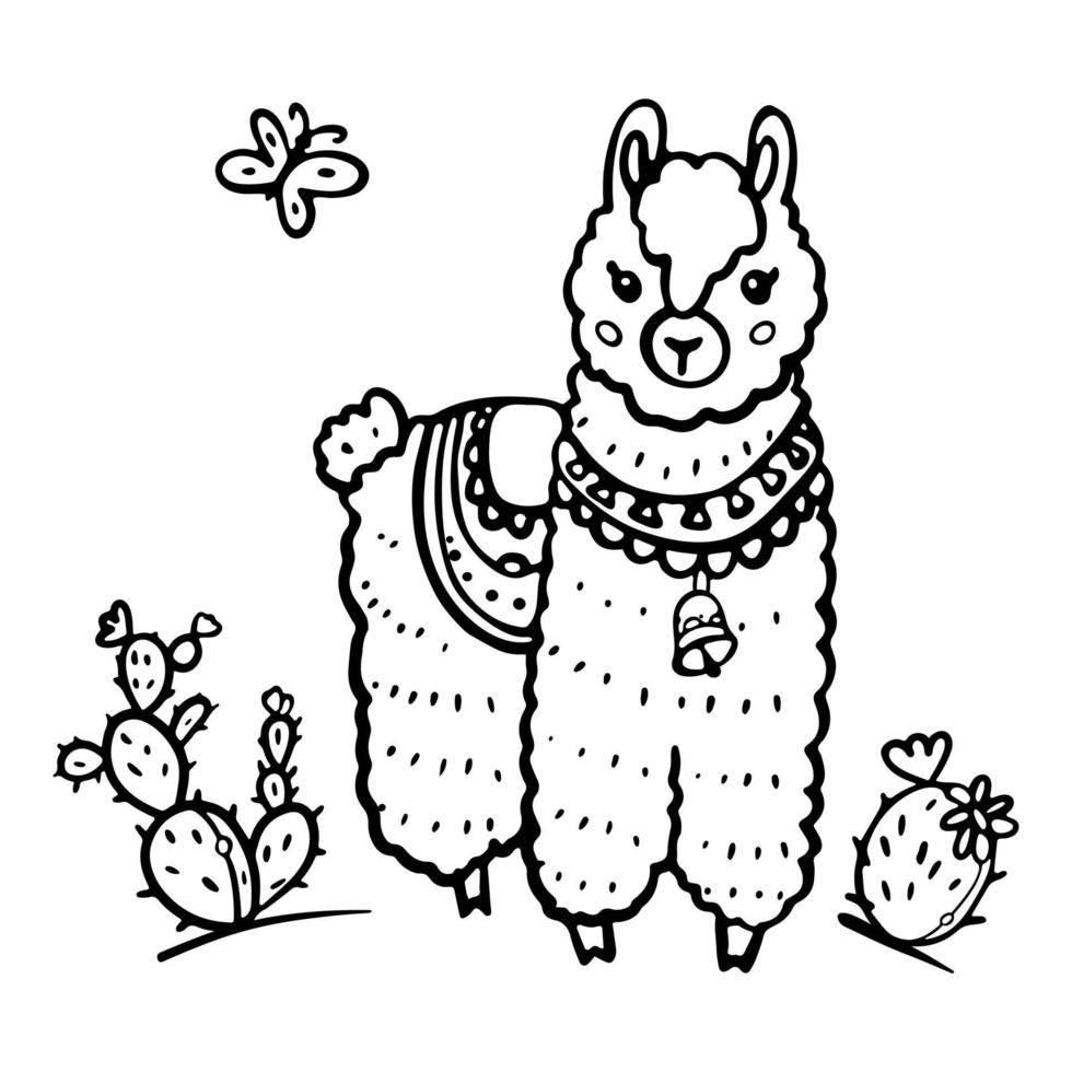 ilustración de vector de garabato de dibujos animados de contorno de llama. imagen estilizada de un paisaje con cactus. para libro de colorear, camiseta de diseño, impresión, tarjeta de felicitación