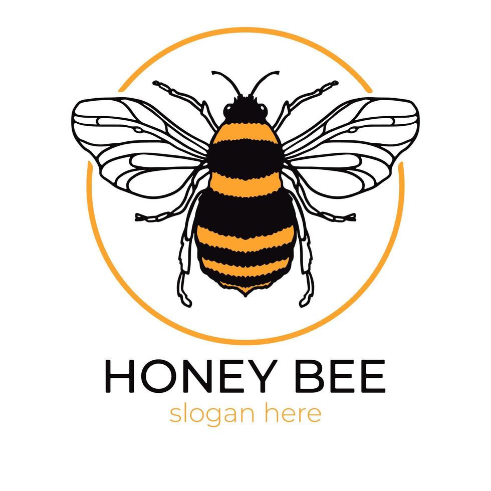 Honey Bee logo with yellow outline circle and text. Design Mascot Vector Illustration. Concept logotype for packaging