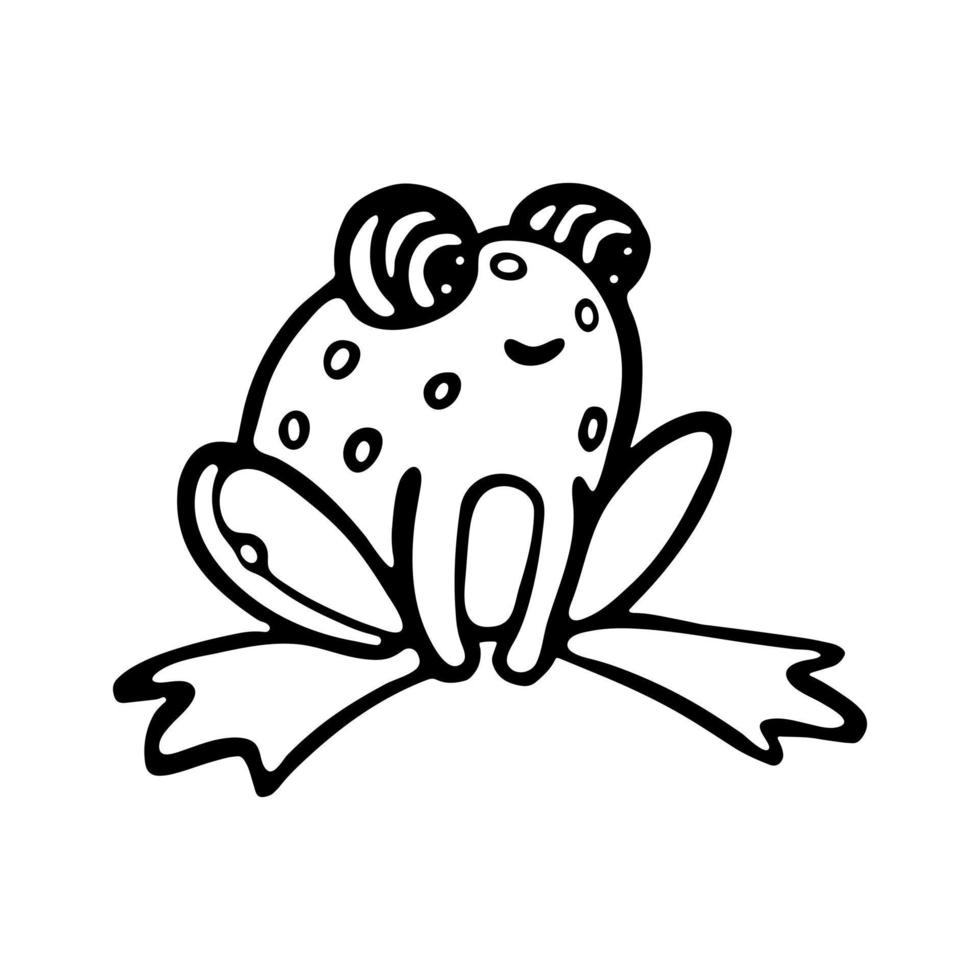 Cute Frog outline doodle Vector Illustration. Toad in engraving style. Coloring page for kids.