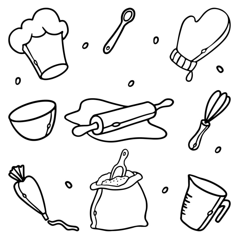 utensilios de cocina y utensilios de cocina. herramientas de panadería y utensilios de cocina esbozan garabatos dibujados a mano conjunto de ilustraciones vectoriales. suministros para hornear para el menú de diseño. vector