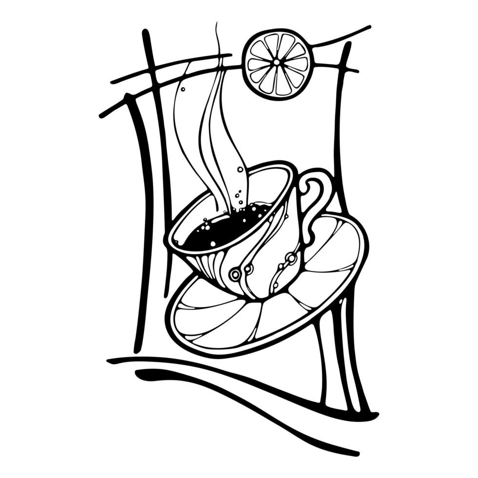 Tea Cup with slice of lemon outline doodle Hand-drawn Vector Illustration. For Coloring book, design menu, emblem, logo