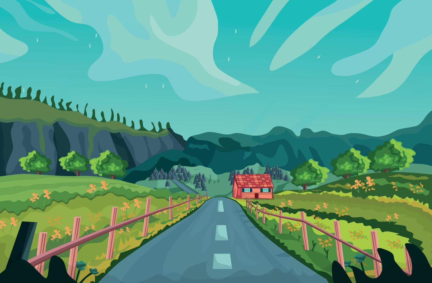 The road passes through green landscapes and beautiful mountains vector