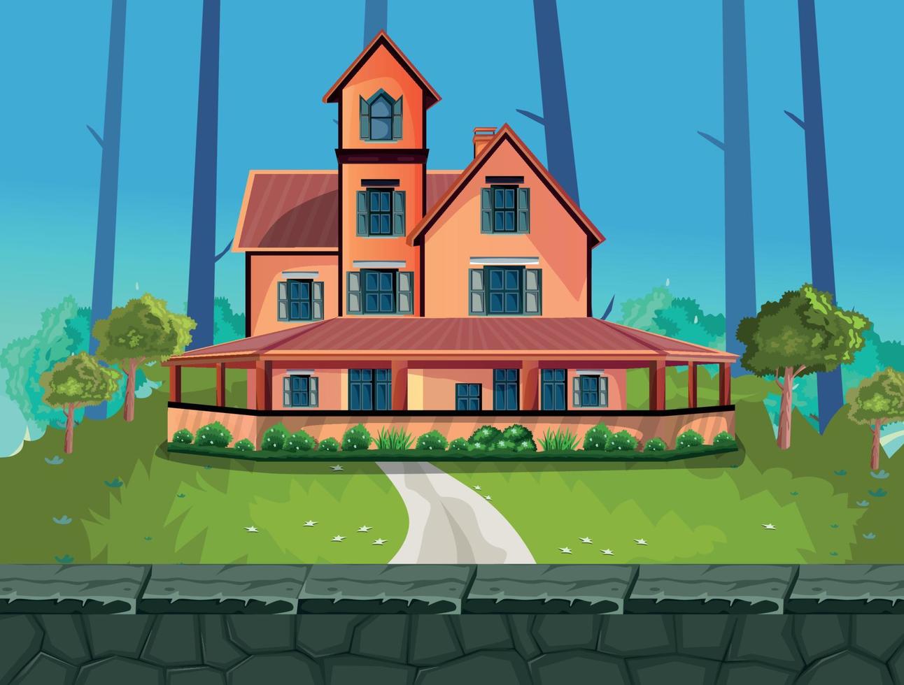 vector de dibujos animados de fondo de juego, casa en el bosque
