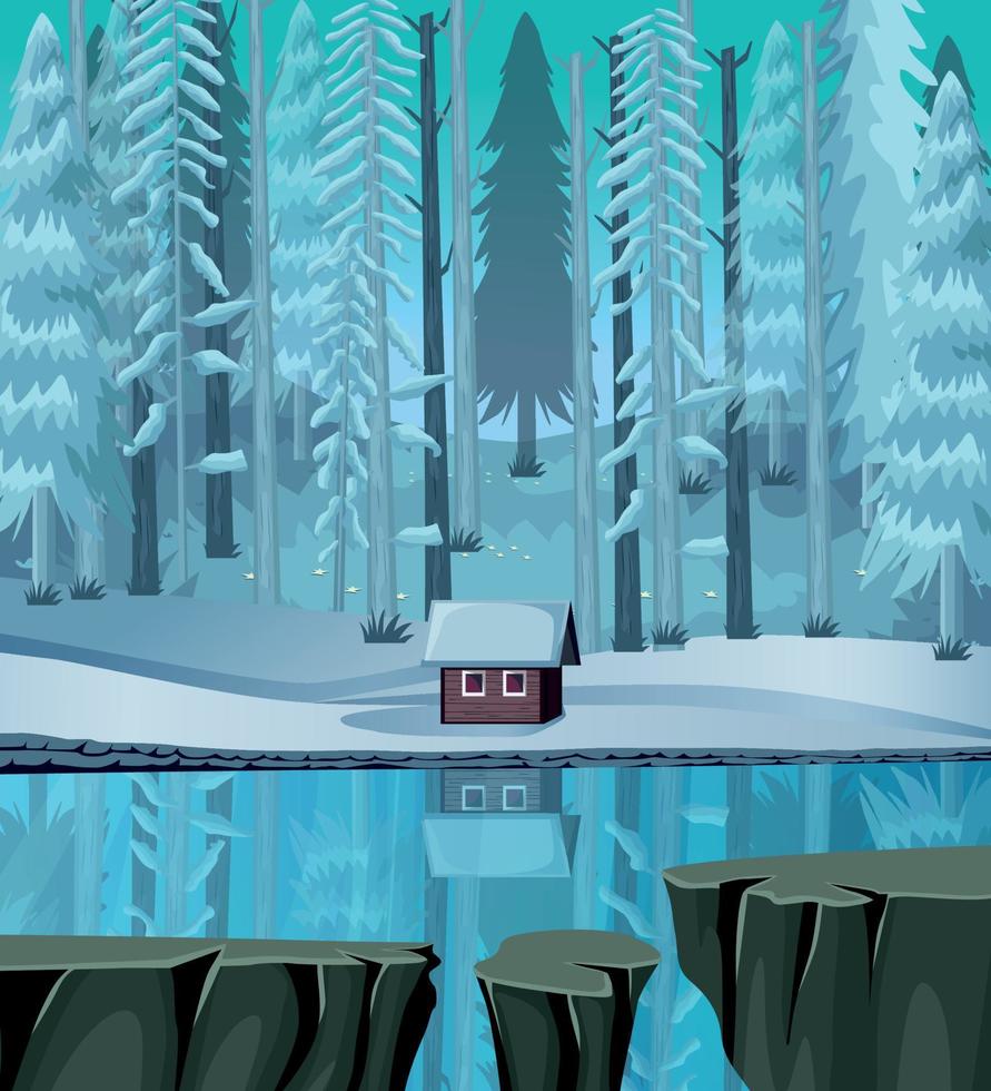 vector de dibujos animados de fondo de juego, cabaña en un lago congelado