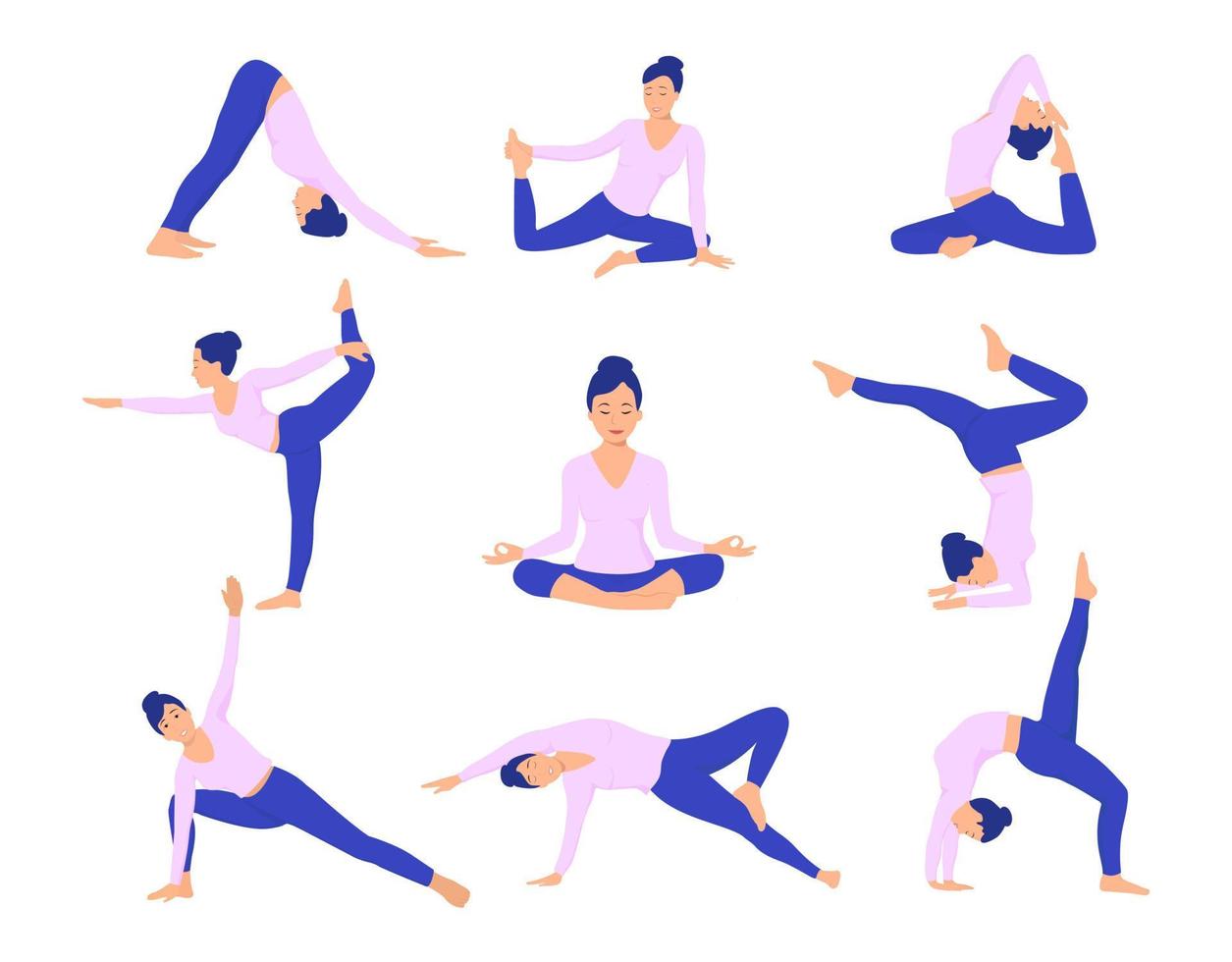 mujer en posturas de yoga. ilustración vectorial en estilo de dibujos animados. vector